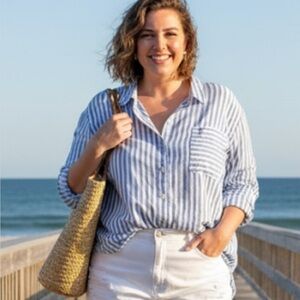 CARLISLE Per Se Blue and White Coastal Striped Laganlook Button Down Top 2x